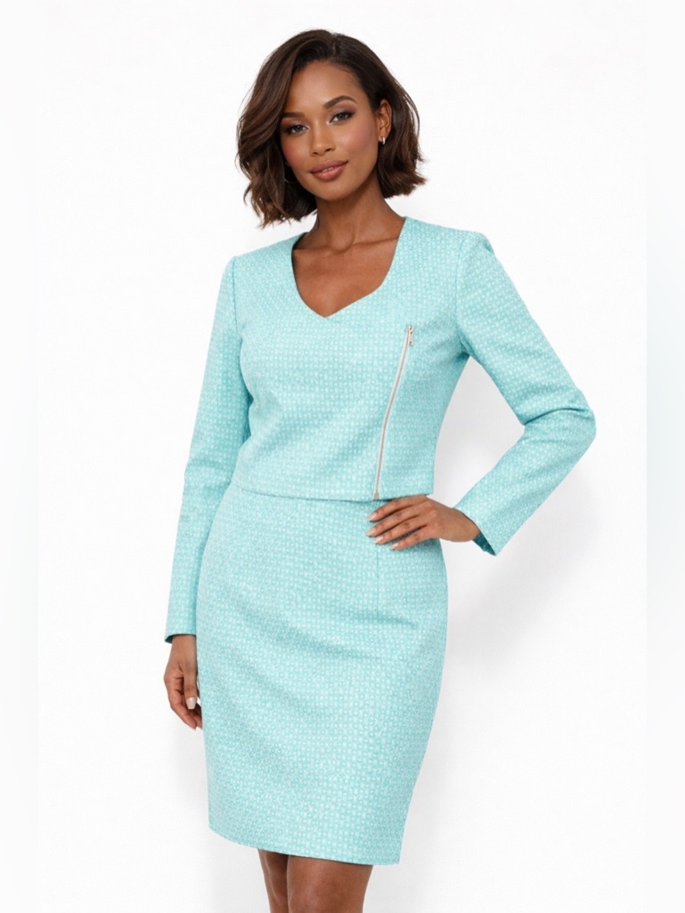 ALICE’S PIG Tiara’s Tartan Textured Suit Set Pencil Skirt Jacket Teal Aqua US 2